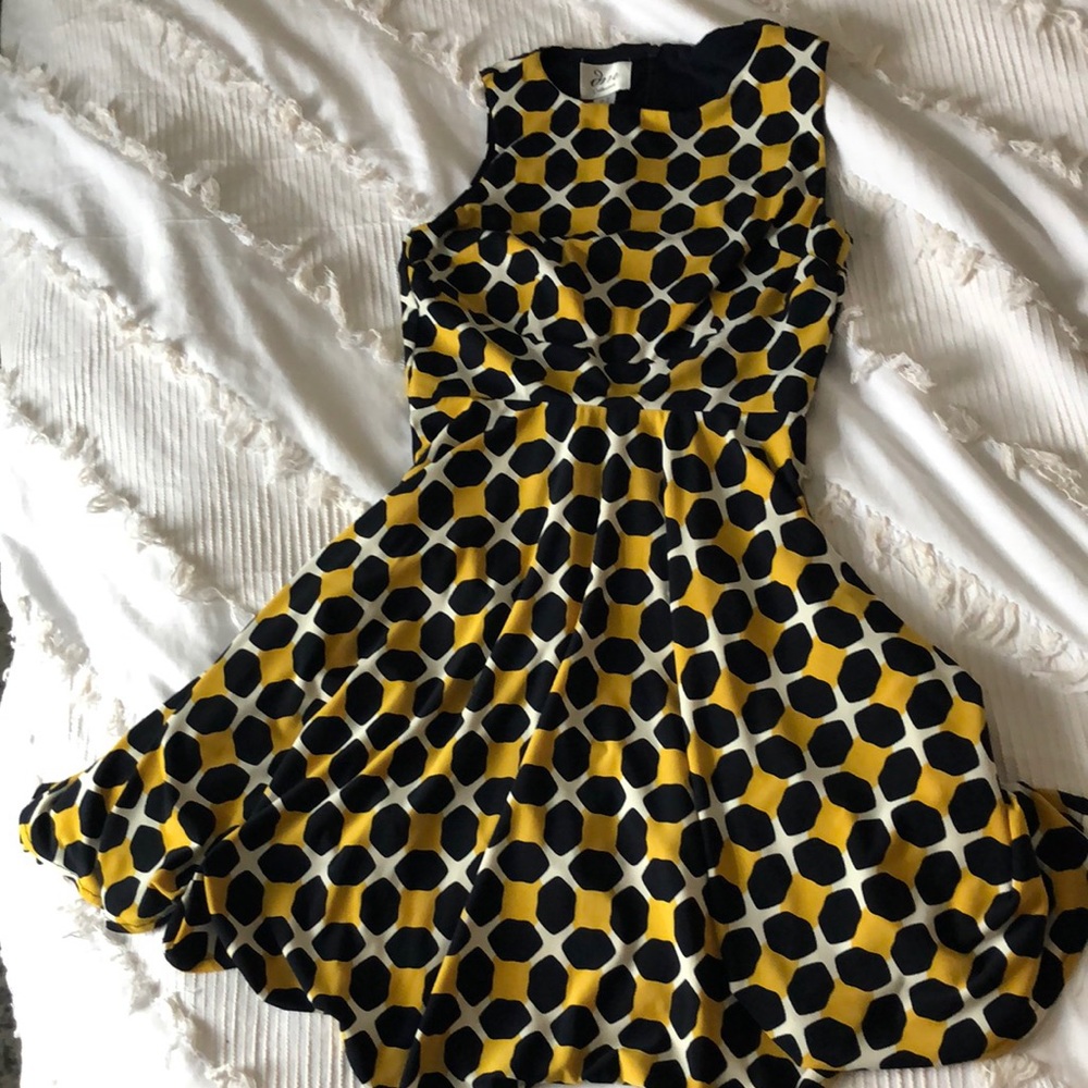 Geometric navy and mustard print dress